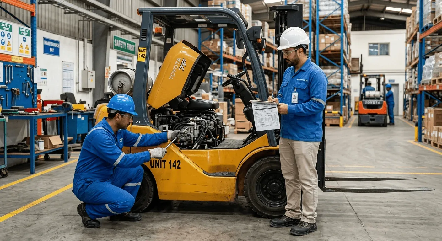 فني يفحص رافعة شوكية Toyota مفتوحة الغطاء داخل مستودع، وشخص آخر يقف بجانبها يراجع لوحة مشبكية